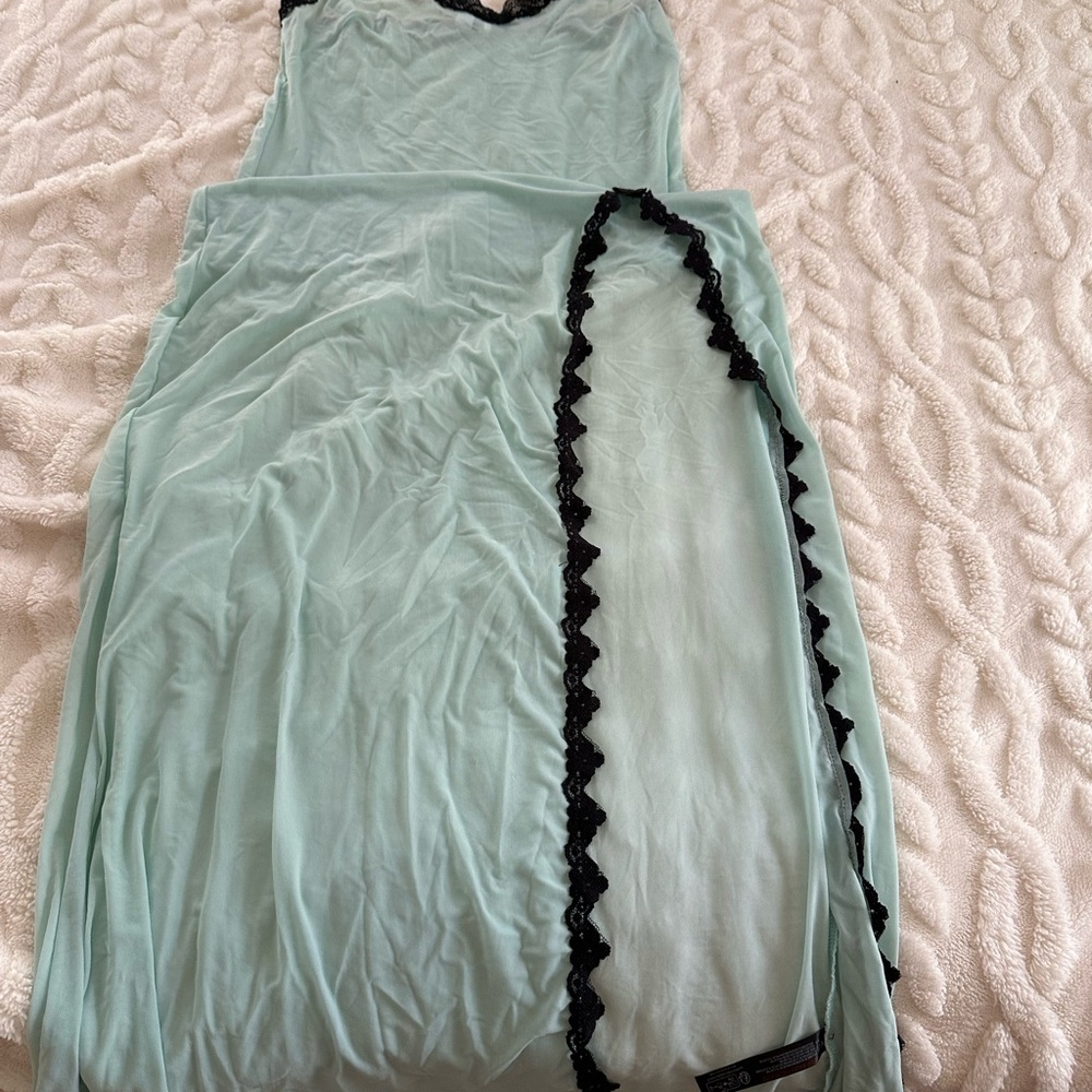 Urban Outfitters Mint Chemise with Black Lace sheer long maxi night gown sz S